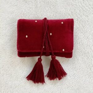 Sézane Paris Red Velvet Jewelry Travel Pouch w Tassels | Minor Zipper Flaw
